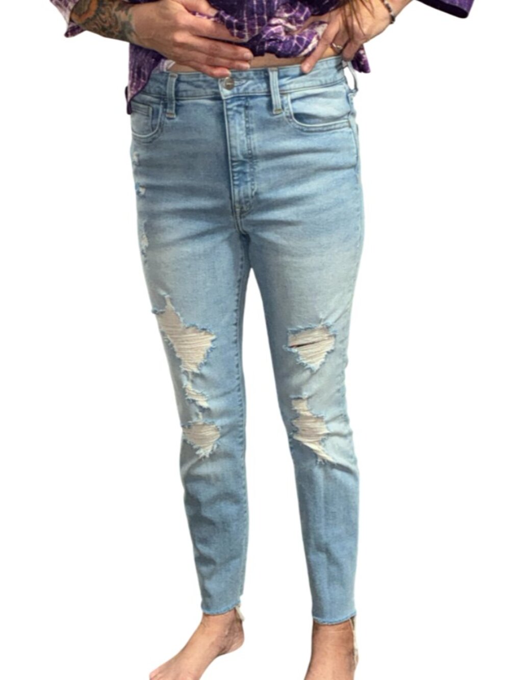 Sz.L,W:32"*H&M*Blue "True To You" Skinny Ripped-Up Jeans--Hi-Rise